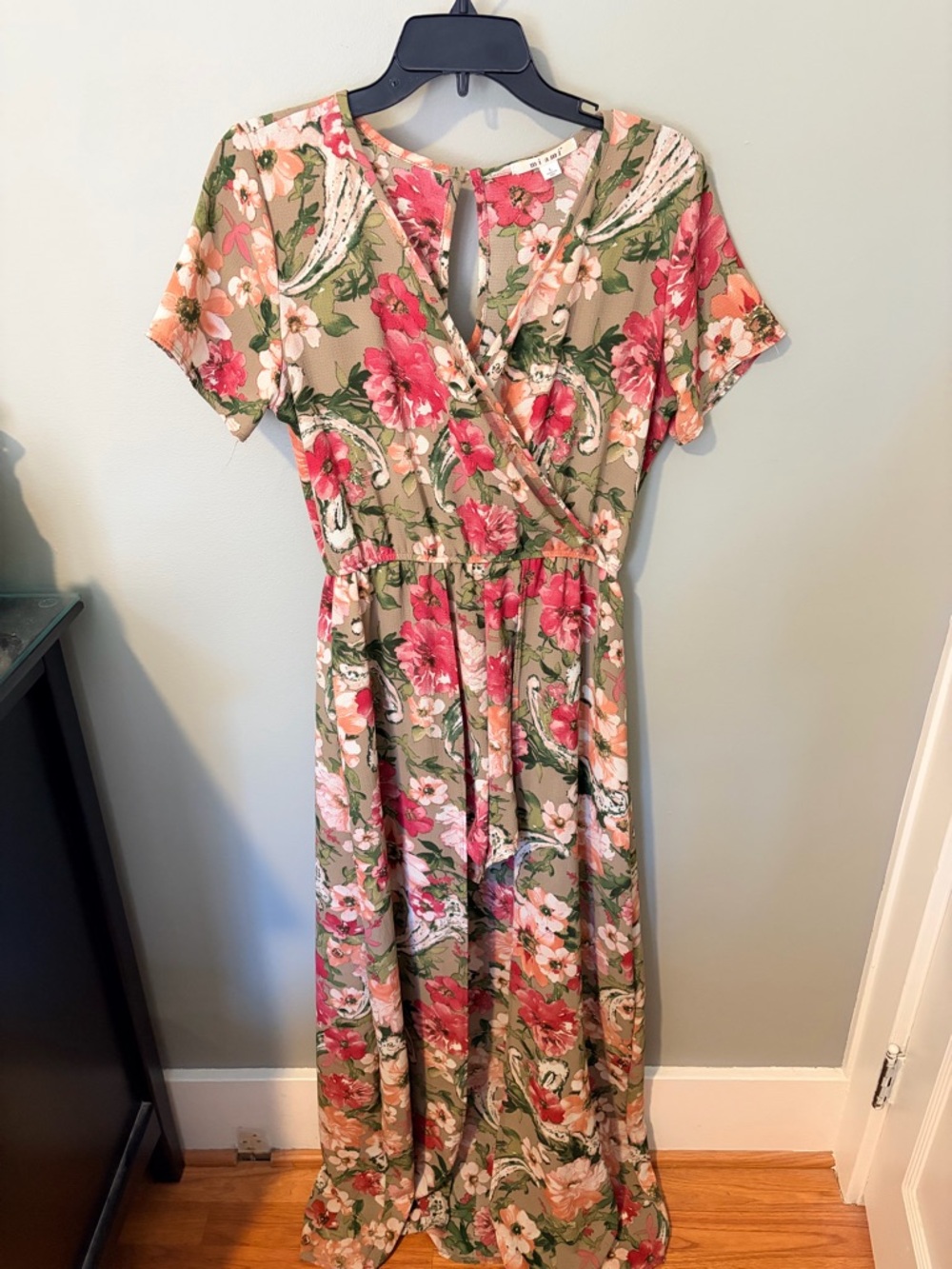 miami Floral Wrap Jumpsuit in Olive with Pink Blooms